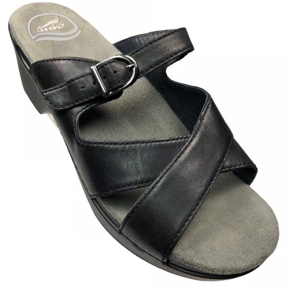 Dansko SZ 37 'Sela' Black Leather Slide Clog Comfort Sandal - Picture 1 of 9